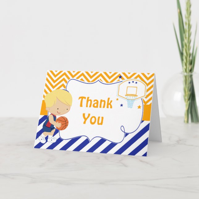 Carte De Remerciements Basketball mignonne Blonde cheveux garçon fête d'a (Devant)