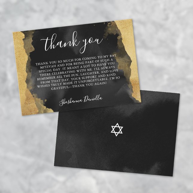 Carte De Remerciements Bat Bar Mitzvah noir or (Gold Black Watercolor Bat Bar Mitzvah Thank You Card)