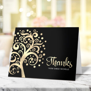 Carte De Remerciements Bat mitzvah Black Gold Foil Arbre de vie Script