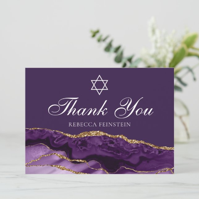 Carte De Remerciements Bat mitzvah d'or violet Star de David Custom (Debout devant)