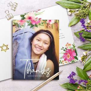 Carte De Remerciements Bat Mitzvah Fleurs Aquarelle Écriture Personnalisé