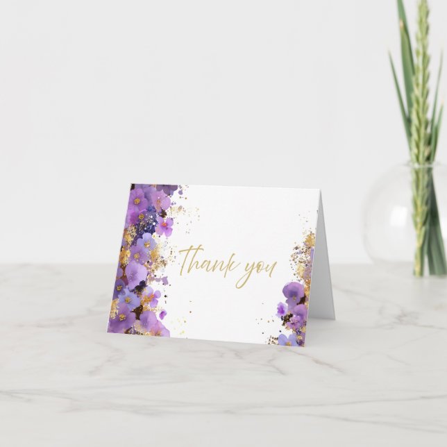 Carte De Remerciements Bât Mitzvah Fleurs Violet et Or (Devant)