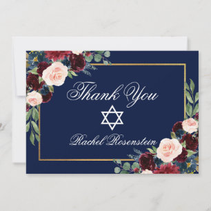 Carte De Remerciements Bat mitzvah Floral Bourgogne Blue Gold