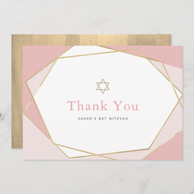 Carte De Remerciements Bat mitzvah géométrique rose et or (Devant / Derrière)