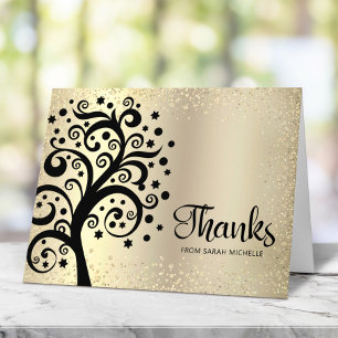 Carte De Remerciements Bat mitzvah Gold Foil Black Tree of Life Script