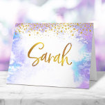 Carte De Remerciements Bat mitzvah Gold Script Purple Aquarelle Sarah<br><div class="desc">Assurez-vous que votre Bat mitzvah préféré exprime sa reconnaissance à tous ceux qui ont soutenu son événement marquant! Envoyez ce remerciement étonnant, moderne, personnalisé note de remerciement. Un arrière - plan d'aquarelle violet clair est superposé par un script manuscrit et de minuscules points de parties scintillant. Ajoutez une note personnalisée...</div>