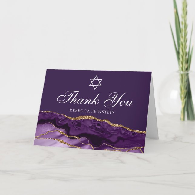 Carte De Remerciements Bat mitzvah juif chic violet étoile or de David (Devant)
