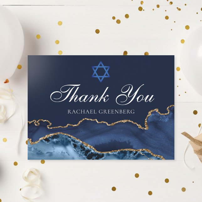 Carte De Remerciements Bat mitzvah personnalisé Elegant Marine Blue Gold  (Créateur téléchargé)