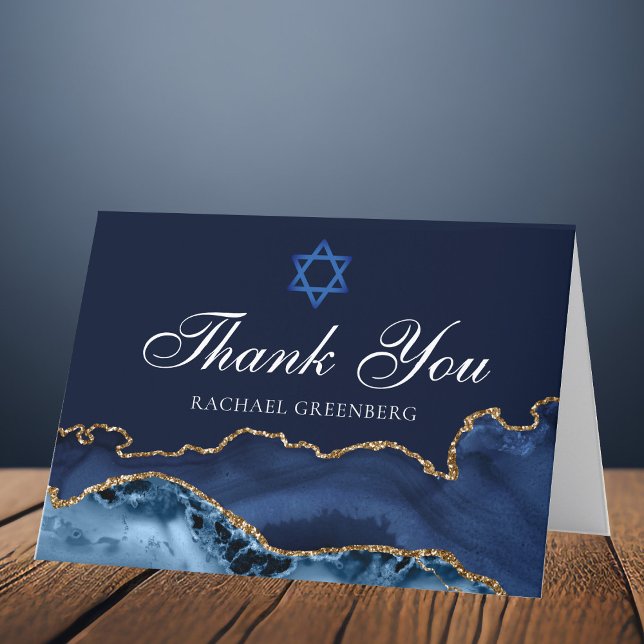 Carte De Remerciements Bat mitzvah personnalisé Marine Blue Gold Agate (Créateur téléchargé)