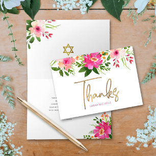 Carte De Remerciements Bat Mitzvah Rose Floral Aquarelle Écriture Dorée