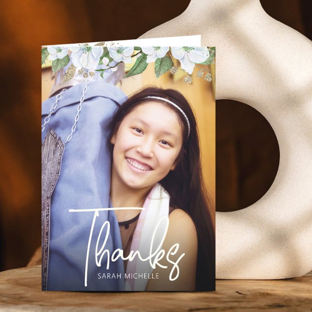 Carte De Remerciements Bat mitzvah Script Photo or Floral Aquarelle (Créateur téléchargé)