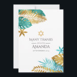 Carte De Remerciements Bat mitzvah turquoise et Gold Tropical<br><div class="desc">Express votre gratitude avec cette carte de remerciement élégante, parfaite pour une célébration Bat mitzvah ou juive. Dotée d'un design tropical avec des feuilles turquoises et dorés en palme et une étoile de David, cette carte allie harmonieusement style moderne et symbolisme traditionnel. Entièrement personnalisable, c'est une façon sérieuse de remercier...</div>