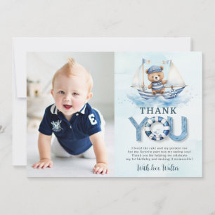Carte De Remerciements Bateau bleu marine Teddy Bear Boy Birthday Photo