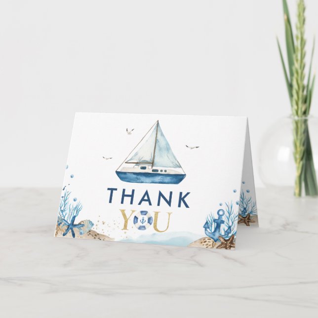 Carte De Remerciements Bateau bleu nautique Ahoy C'est un Baby shower gar (Devant)
