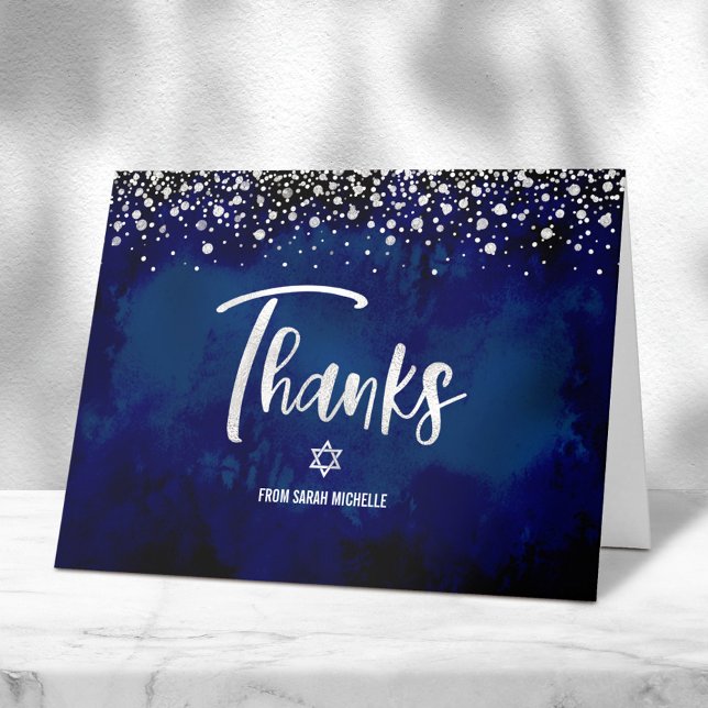 Carte De Remerciements Batik Navy Argent Pailleté Moderne Script (Créateur téléchargé)