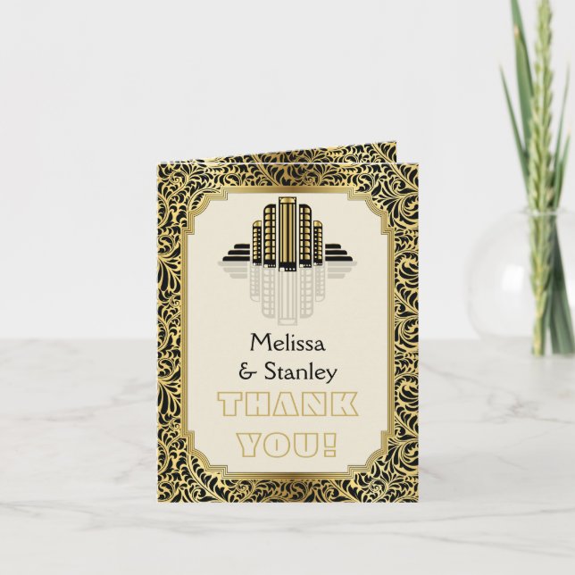 Carte De Remerciements Bâtiments Art déco noir, mariage or, remerciements (Devant)