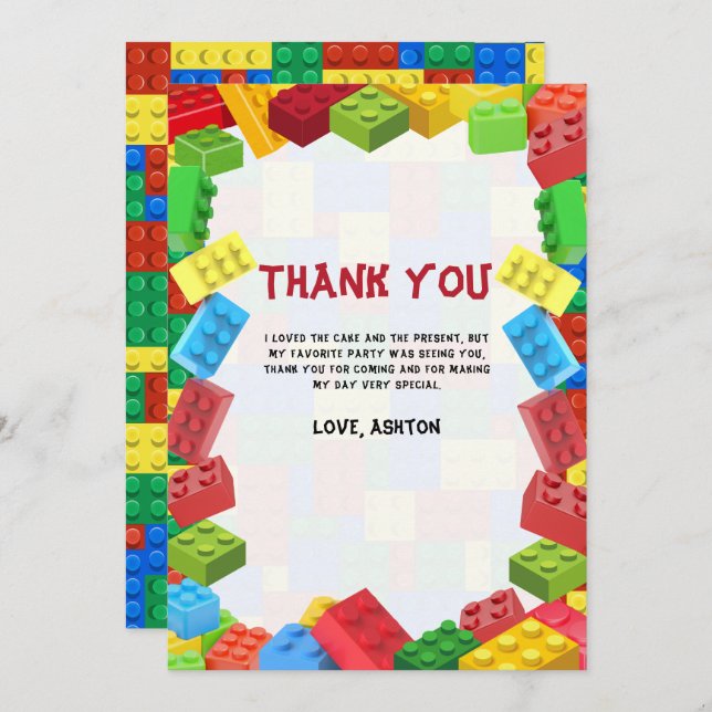 Carte De Remerciements Bâtiments Blocs Anniversaire Invitation, Garçons A (Devant / Derrière)
