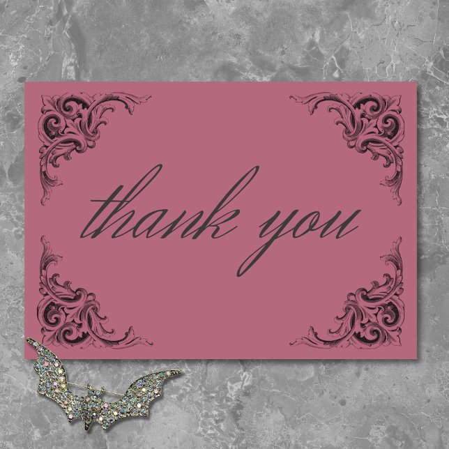 Carte De Remerciements Batte victorienne jusqu'à la mort Mariage noir & v (Victorian Bat Until Death Black & Wine Wedding Thank You Card)