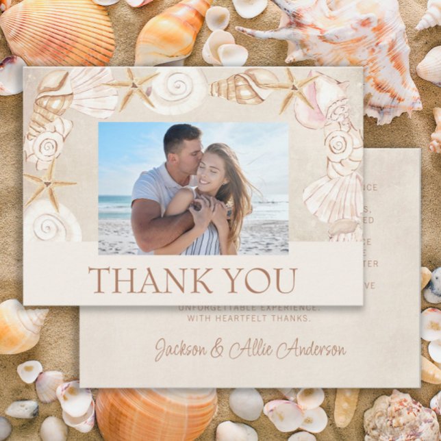 Carte De Remerciements Beach Seashells Sand Seaside Mariage Photo (Beach/sea shells wedding photo Thank You card)