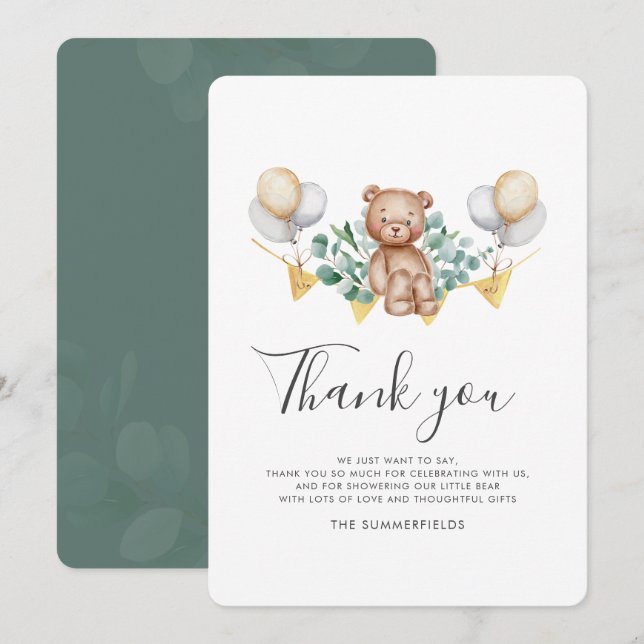 Carte De Remerciements Bear Cub Eucalyptus Balloons Script Baby shower (Devant / Derrière)