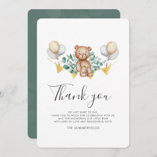 Carte De Remerciements Bear Cub Eucalyptus Balloons Script Baby shower