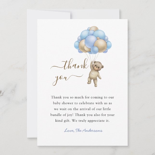 Carte De Remerciements Bear with Balloons Baby Boy shower Thank you card (Devant)