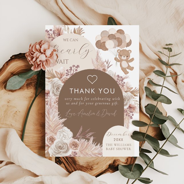 Carte De Remerciements Bearly Wait Neutral Boho Teddy Bear Thank You (Créateur téléchargé)