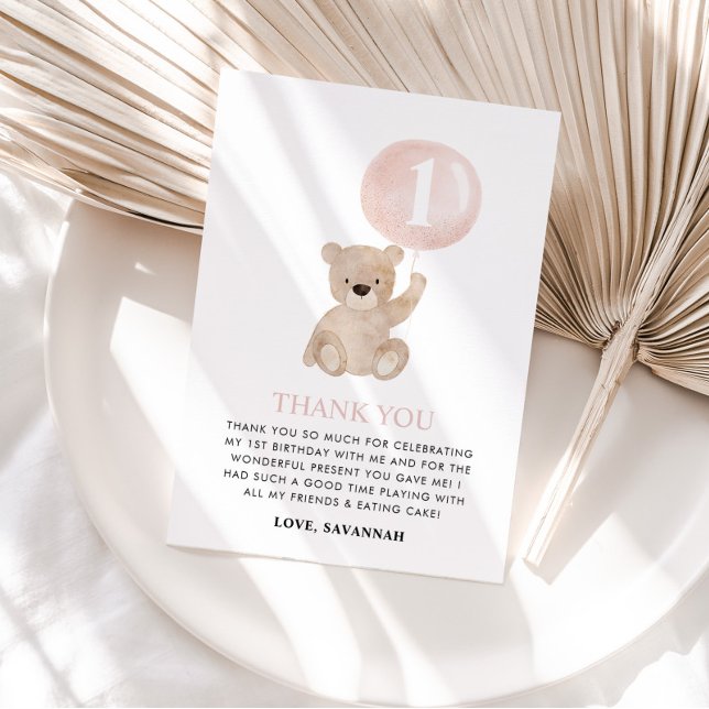 Carte De Remerciements Béary 1er Anniversaire Ours Pink Balloon (MATCHING 1ST BIRTHDAY ITEMS AVAILABLE)