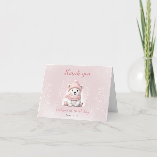 Carte De Remerciements Beary d'hiver 1er anniversaire mignon Ours rose (Devant)