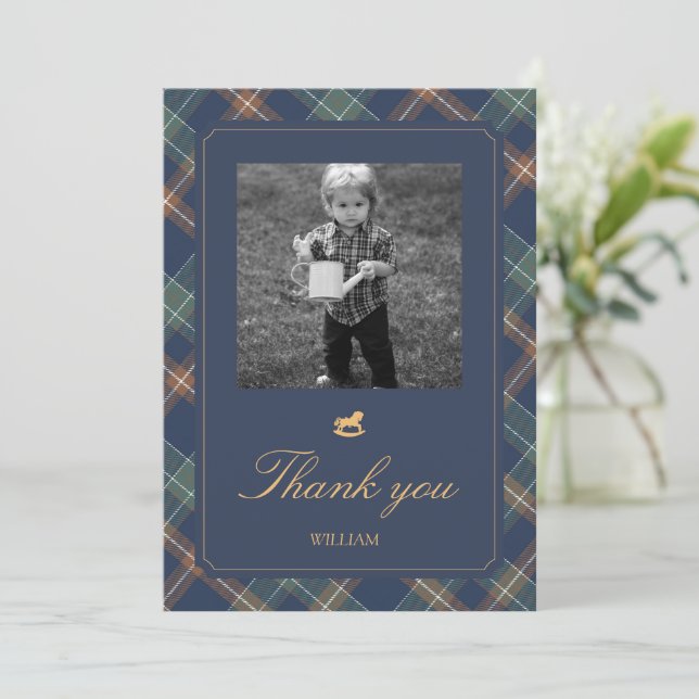 Carte De Remerciements Beary First Navy Plaid Teddy Bear Birthday (Debout devant)