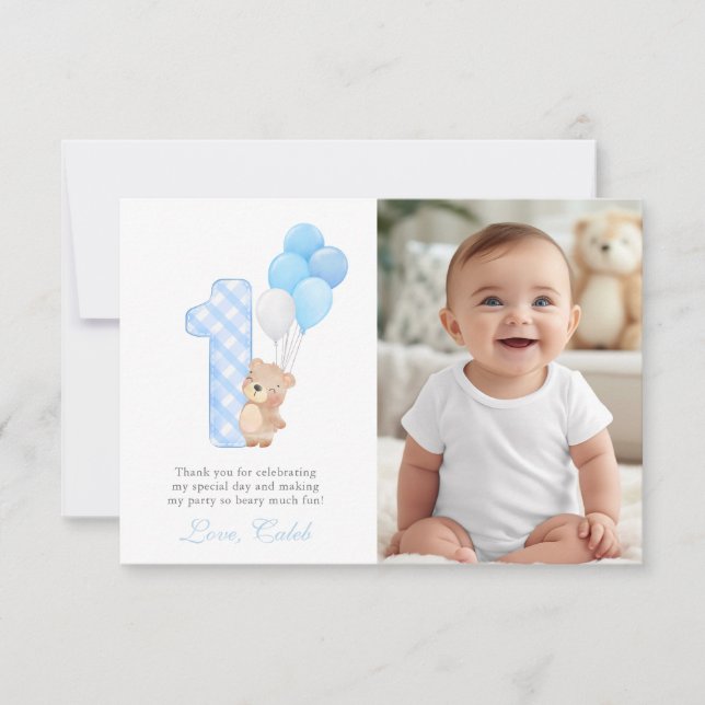 Carte De Remerciements Beary First Teddy Bear Boy Birthday Party guest (Devant)
