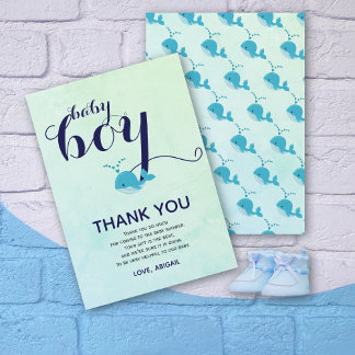 Carte De Remerciements Beau Baby shower à thème océanique de baleine bleu