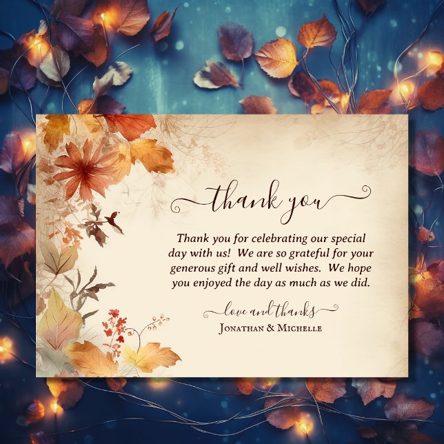 Carte De Remerciements Beau Mariage de automne à feuilles d'automne (Front - Beautiful Autumn Leaf Flower Fall Wedding Thank You Card)
