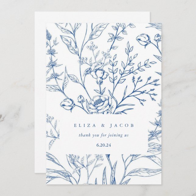 Carte De Remerciements Beau Mariage Floral Bleu et Blanc (Devant / Derrière)