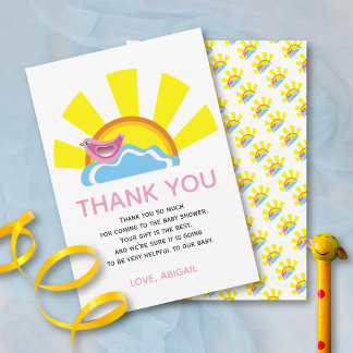 Carte De Remerciements Beau oiseau et soleil sur un Baby shower nuageux