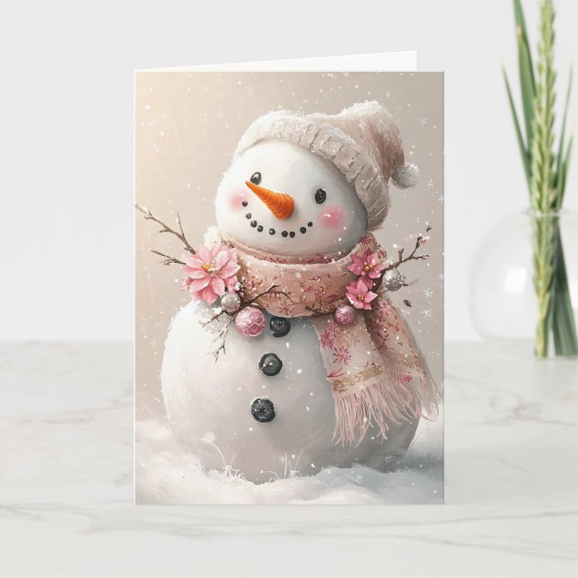 Carte De Remerciements Beau rose Noël Snowman Blank (Devant)
