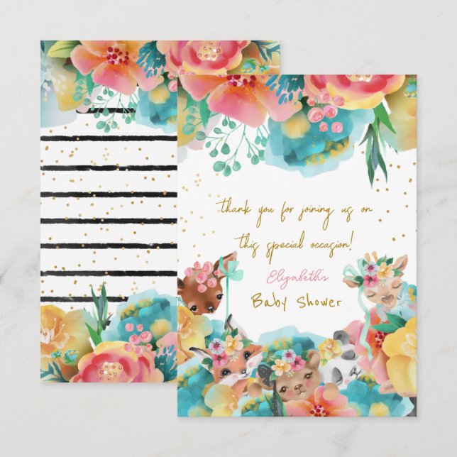 Carte De Remerciements Beaux Animaux Fleur Fleur Fleur Bébé Fille Douche (Devant / Derrière)