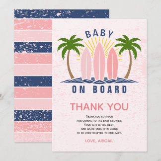 Carte De Remerciements Bébé à bord surf splash rose bébé douche