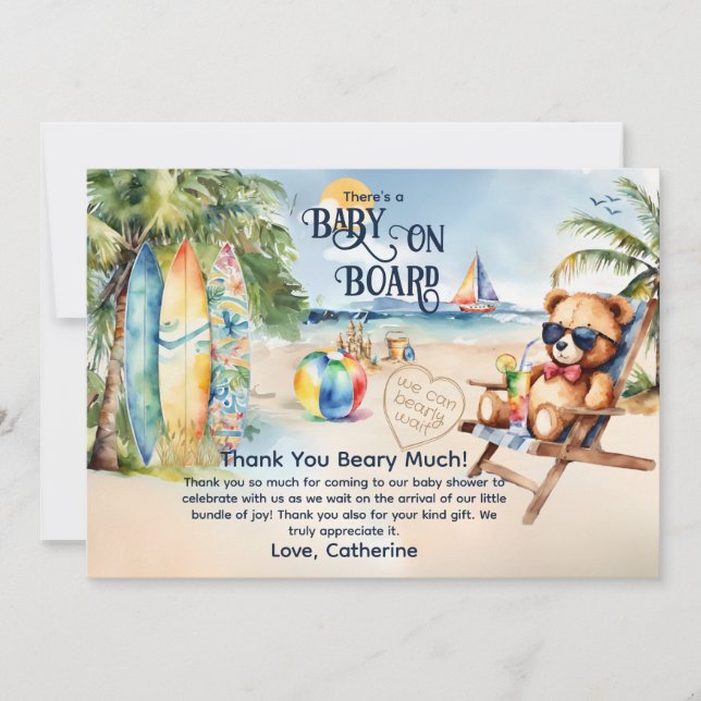 Carte De Remerciements Bébé À Bord Surfboard Teddy Bear Baby shower (Devant)