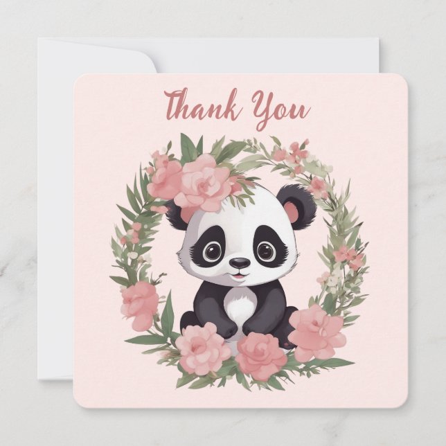 Carte De Remerciements Bébé adorable Panda Ours avec fleurs (Devant)