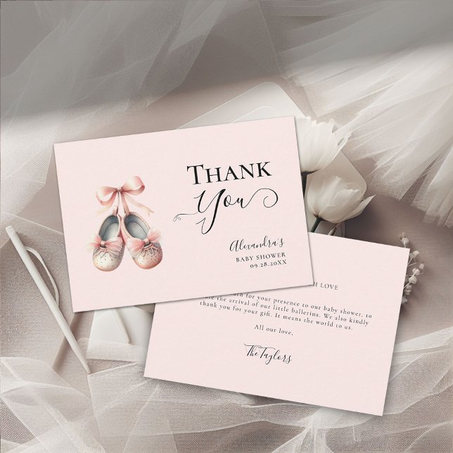Carte De Remerciements Bébé Ballerina Chaussures Bow rose Or fille Douche (ballerina baby shower thank you card baby ballet shoes watercolor elegant calligraphy coral pink)