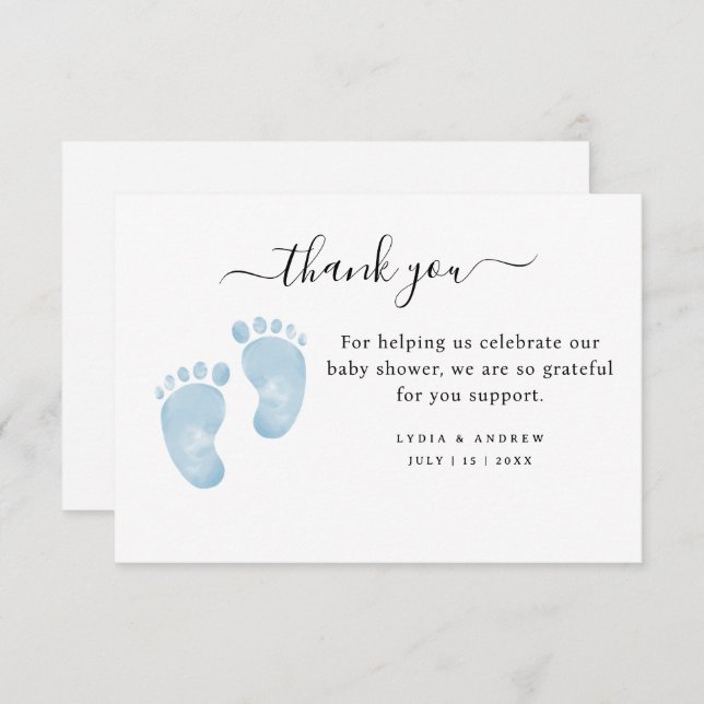 Carte De Remerciements Bébé bleu pieds Baby shower Bienvenue bébé garçon (Devant / Derrière)
