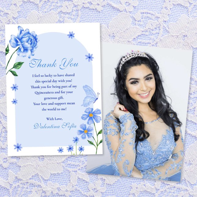 Carte De Remerciements Bébé bleu Quinceañera Roses et papillons Photo (Baby Blue Quinceañera Roses and Butterflies Photo Thank You Card)