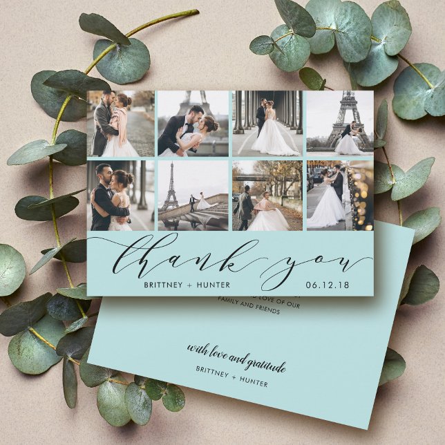 Carte De Remerciements Bébé Blue Calligraphy Script Photo Collage (Créateur téléchargé)