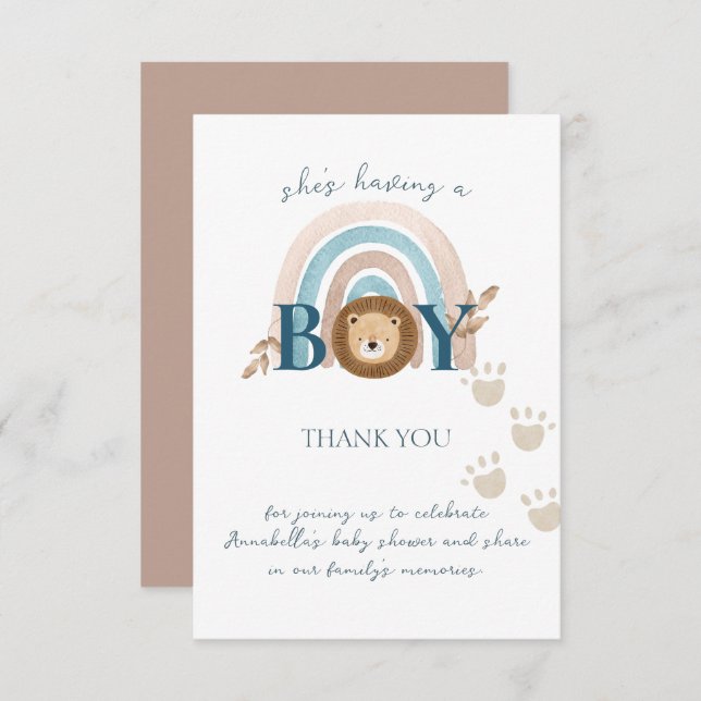 Carte De Remerciements Bébé Boho mignon Lion Lion Pawprints (Devant / Derrière)