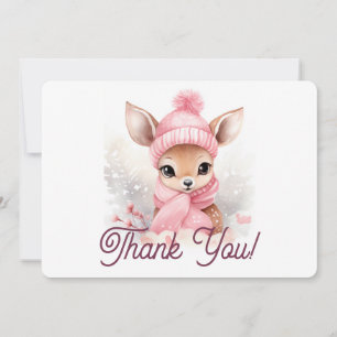 Carte De Remerciements Bébé Cerf Mignon Chapeau Rose Écharpe Hiver Mervei