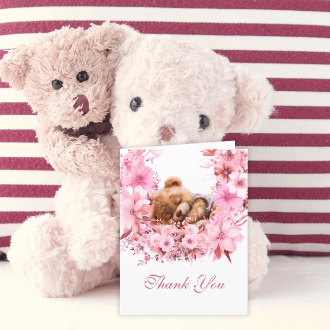 Carte De Remerciements Bébé doux Ours rose floral (Créateur téléchargé)