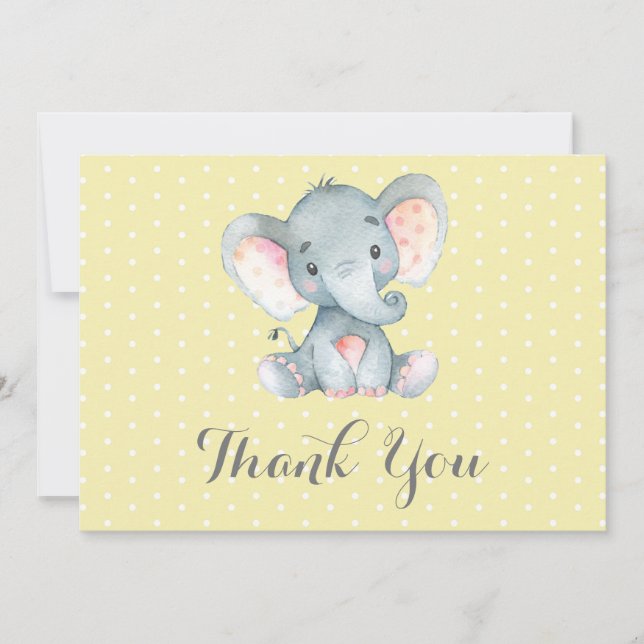 Carte De Remerciements Bébé éléphant mignon jaune et gris (Devant)