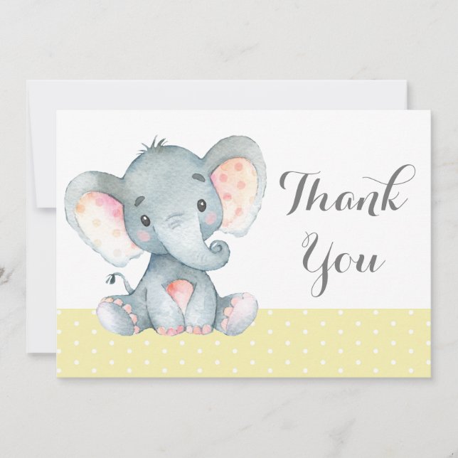 Carte De Remerciements Bébé éléphant mignon jaune et gris (Devant)