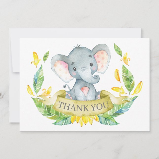 Carte De Remerciements Bébé éléphant mignon jaune et gris (Devant)